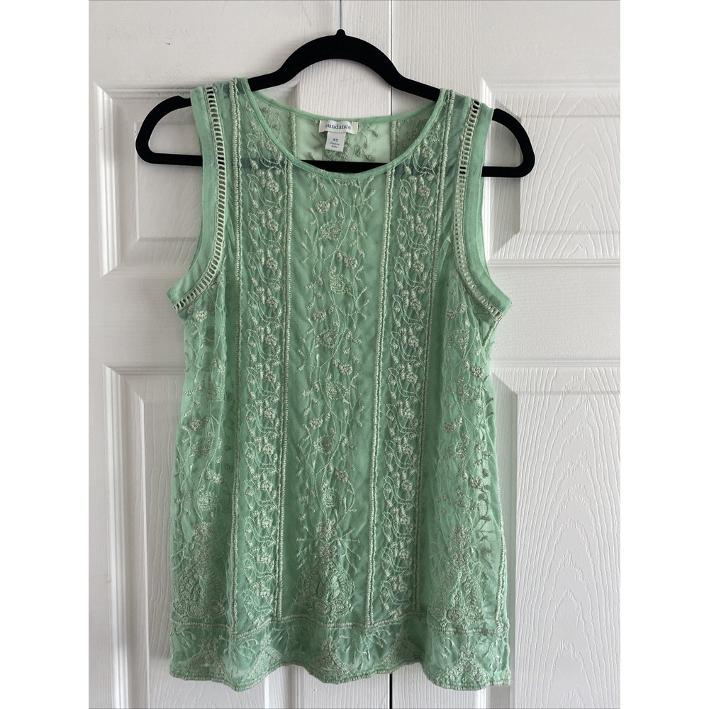 Sundance Floral‎ Embroidered Mesh Tank Womens Size XS Mint Green Boho Lace Shell